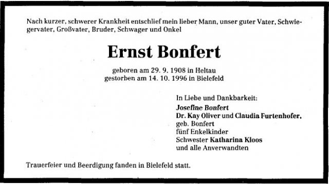 Bonfert Ernste 1908-1996 Todesanzeige